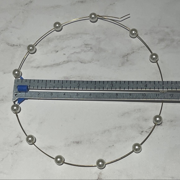 Gold Tone Exaggerated Large Hoop Earrings With White Faux Pearls 4.5in - Picture 11 of 12